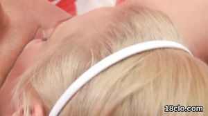 Erotic cutie is stretching juicy pussy in closeup and c