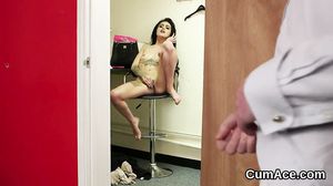 Horny babe gets cumshot on her face eating all the juic