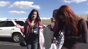 Three bombshells having fun in the car