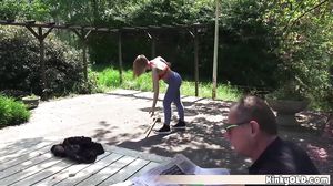 Busty inked punk teen fucks an old grandpa outdoor