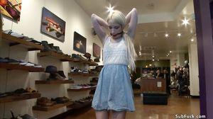 Blonde gangbang fucked in shoe shop
