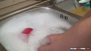 Horny blonde gets her shirt white wet