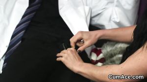 Peculiar hottie gets cumshot on her face swallowing all