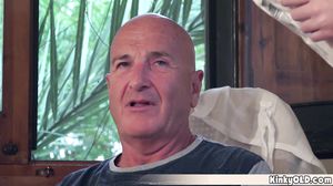 Busty teen taking care of perverted old grandpa