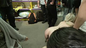 Blonde anal toyed and banged in shop