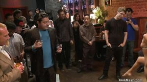 Brunette in lezdom public fingering