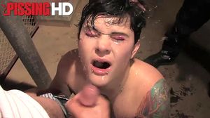 Horny amateur sucking dick and being pissed on