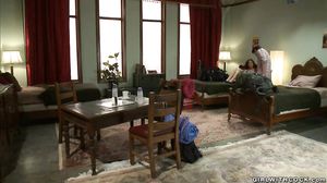 Shemale fucks little man in hostel