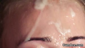Slutty idol gets jizz load on her face eating all the j