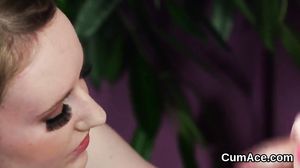 Randy sex kitten gets cumshot on her face sucking all t