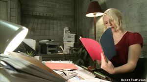 Blonde fucks machines in the office