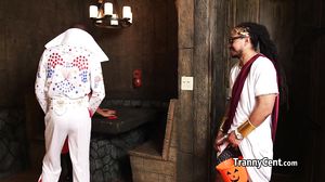 Shemale milf takes two giant cocks