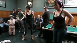 Blindfolded fucked in public pool bar