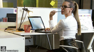 Sandy and Breanne Benson - lesbian office sex heels stockings blonde brunette nylon glasses kissing lingerie