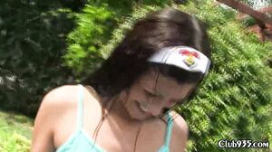 Brunette euro teen gets on all fours and fucks