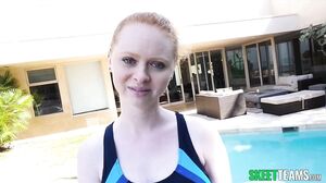 Redhead babe eating black cock outside