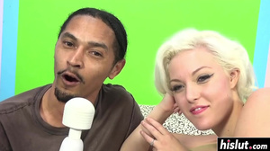 Pale blonde girl and a horny dude