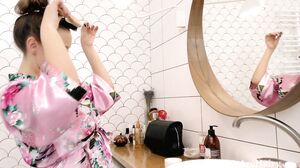 WeAreHairy - Solena Sol - Pink Robe White Bathroom