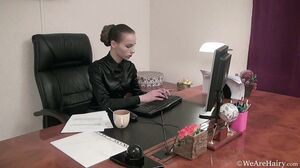 WeAreHairy - Alisa Pie - Black Leather Brown Desk