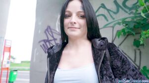 Face tattoo brunette gets picked up and fucked in publi