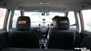 Busty brit driving student publicly cockrides on front