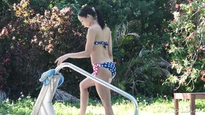 Skinny Girl Masturbating by Pool