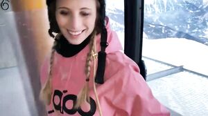 Daring amateur risky public swallow on the teleferic