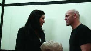 Horny waiter fucks gorgeous brunette in locked elevator