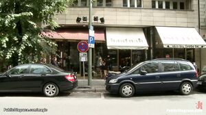 Bound blonde throat fucked in public