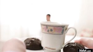 Kiara Gold lets his cum drip down her tongue as she gets ready to swallow