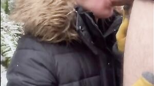 Blonde in Grey Down Jacket and Fur Hood Blowjob in the Woods