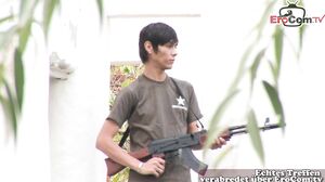 Skinny military gay teen fucks Student anal in forest