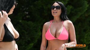Busty BFFs Anissa Kate And Kira Queen Share Glass Dildo By The Pool