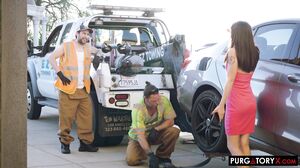 Petite teen sucks and fucks the tow truck guys