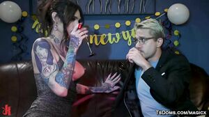 Tattooed TS anal fucks submissive guy