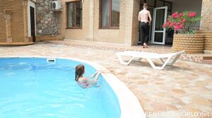 Petite pool babe gets both holes fucked