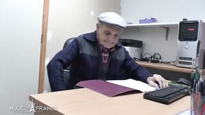 Naughty brunette Celine seeking for a job but gets double penetrated and facialized in a foursome with Papy Voyeur