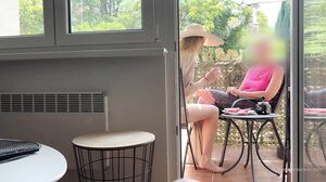 Anastasia Ocean - My husband is jerking off and cum in front of my a while we talk on balcony