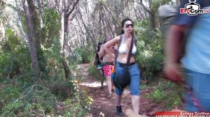 EroCom - Petite Latina in black fishnet stockings gets fucked in her asshole during the outdoor threesome