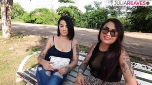 POV Orgasms - Tattoo girls suck each others tits then suck a huge cock in hot threesome