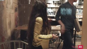 Slim brunette with firm breasts gets fucked sideways and covered in spunk