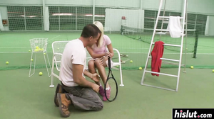 Blonde babe gets fucked on the court
