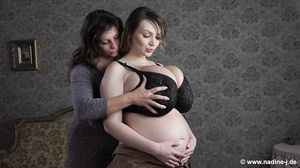Nadine and preggo Micky lesbian breast fondling - german brunette big tits nadine-j