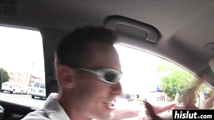 Busty hottie plays with two big cocks