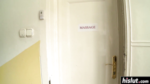 Busty girl massages a dick with her cunt