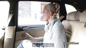 Tanned sexy blonde takes cock in taxi