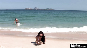 Horny guys bang a brunette girl outdoors