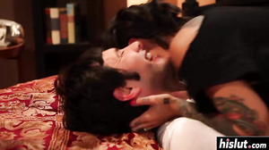 Tattooed girl has fun with a stiff shaft