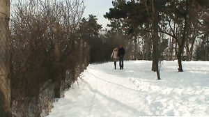 Blonde wife warms stranger's cock in the snow