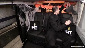 British babe Jasmine Jae plays the police woman in Halloween decorated car